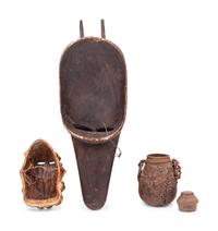 Two African Carved Wood Masks and a Covered Vessel