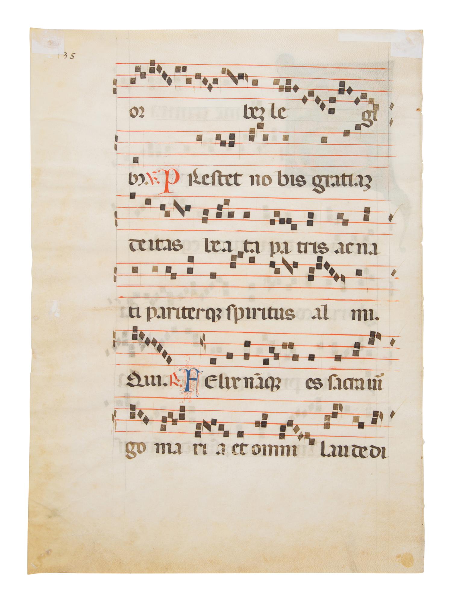 CIRCLE OF THE MASTER OF IMOLA (active Emilia Romagna, c. 1265-1280) Single leaf with historiated initial ‘S’ with Christ the Redeemer from an Antiphonal, in Latin, illuminated manuscript on parchment [Italy, Bologna or Emilia, c. 1275]