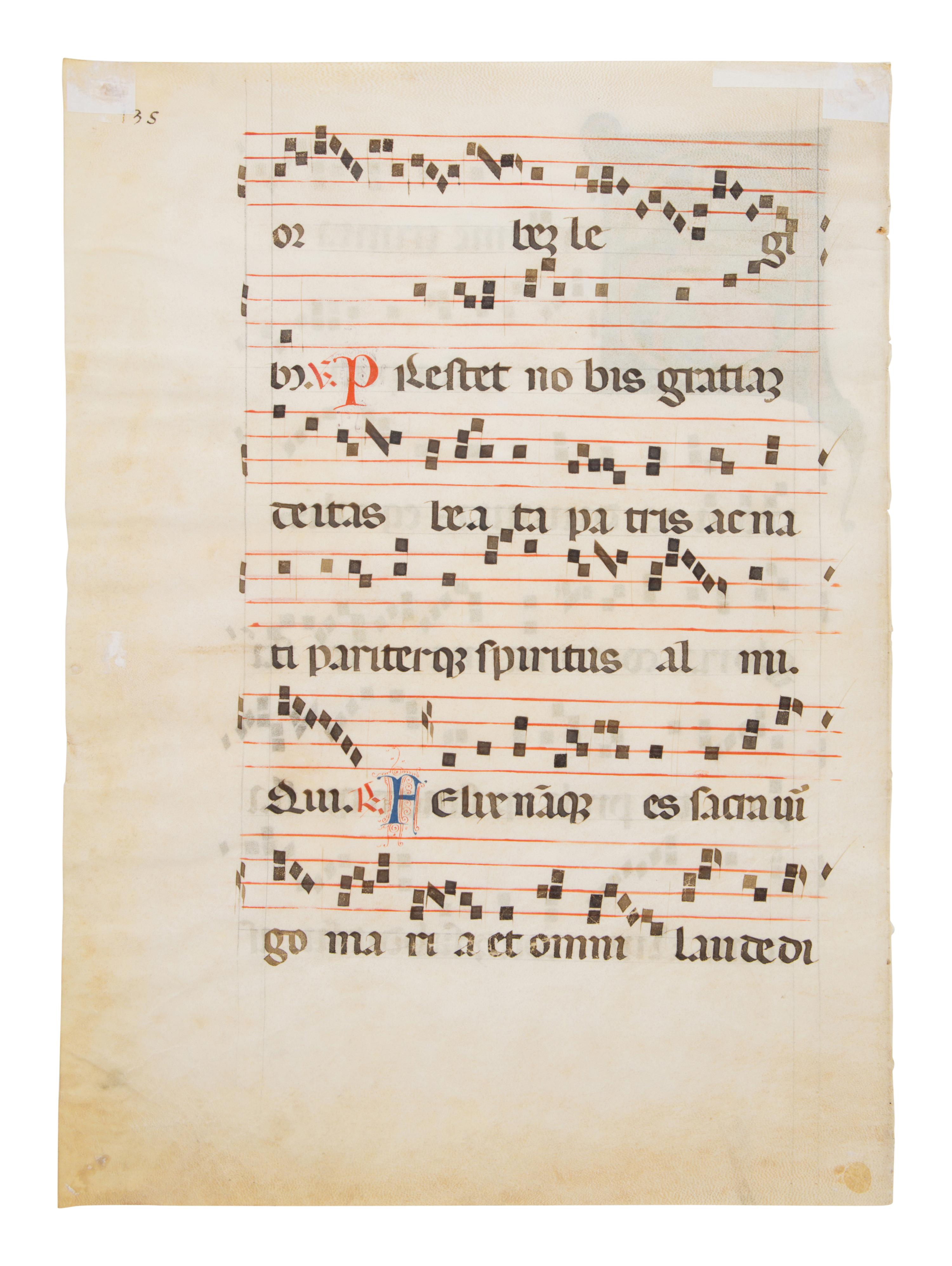 CIRCLE OF THE MASTER OF IMOLA (active Emilia Romagna, c. 1265-1280) Single leaf with historiated initial ‘S’ with Christ the Redeemer from an Antiphonal, in Latin, illuminated manuscript on parchment [Italy, Bologna or Emilia, c. 1275]