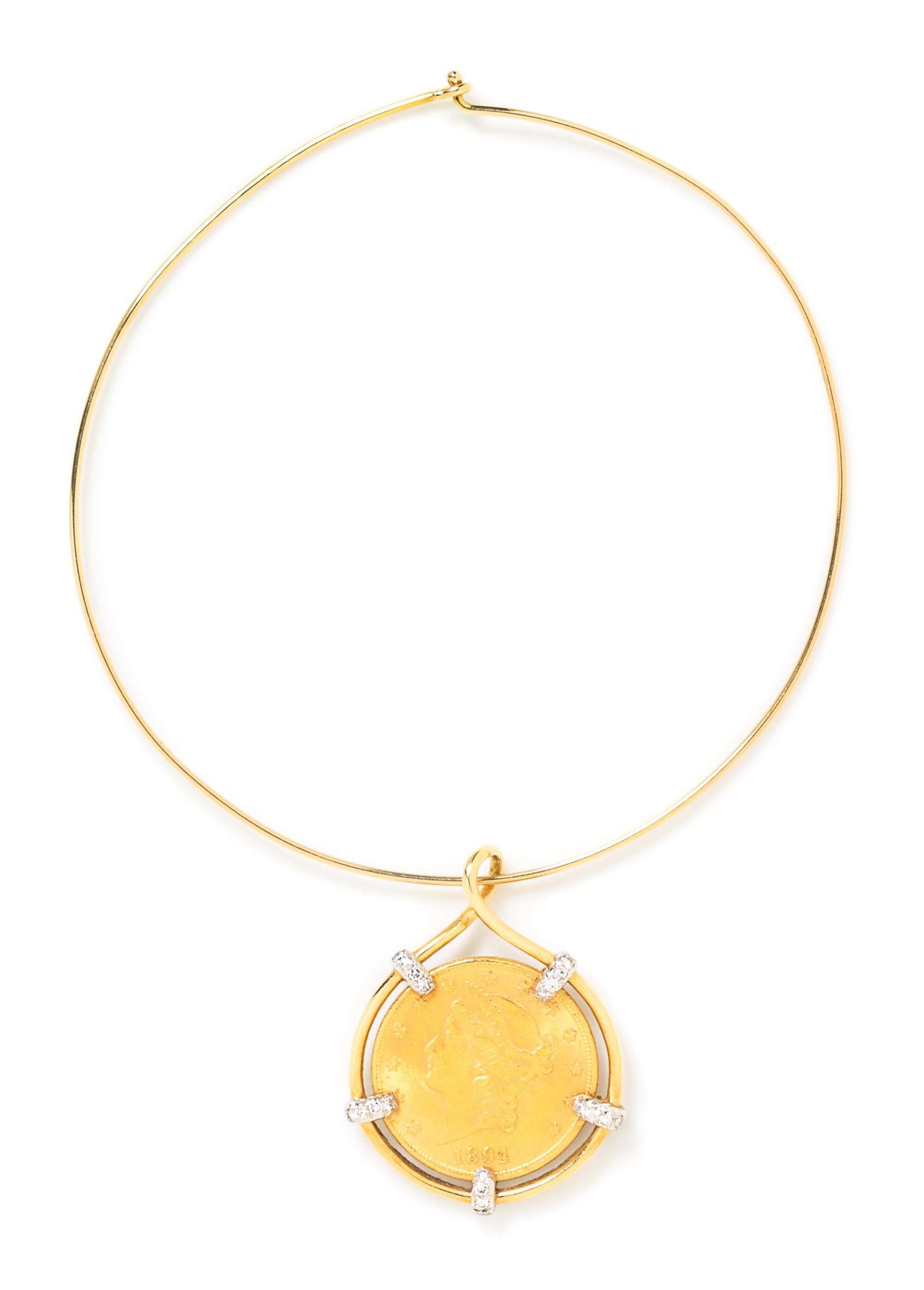 An 18 Karat Yellow Gold US $20 Gold Coin and Diamond Wire Necklace, Henry Dunay, 36.40 dwts.
