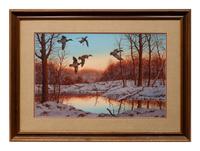 Untitled Watercolor of Mallards in Flight