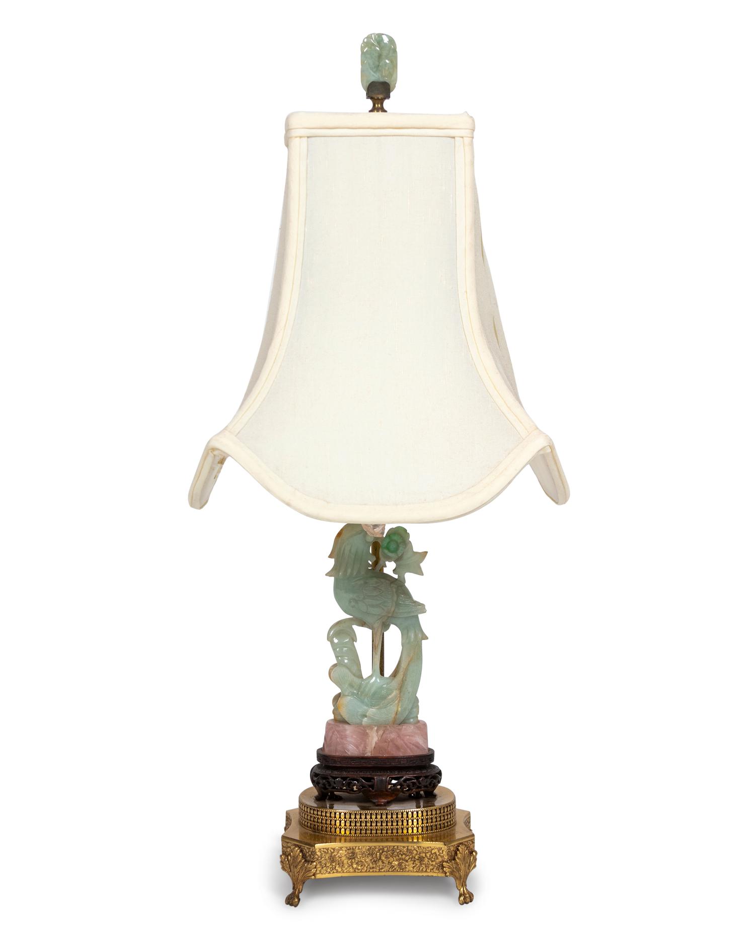 A Carved Hardstone Bird Mounted as a Lamp