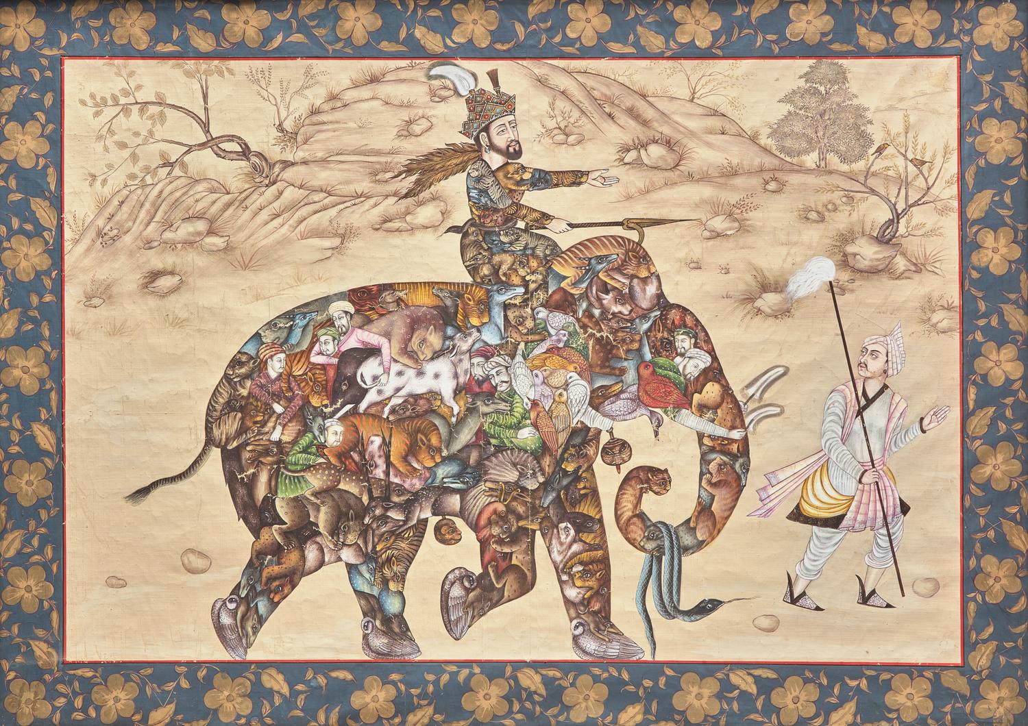 A Mughal Style Indian Painting of a Prince Riding a Composite Elephant