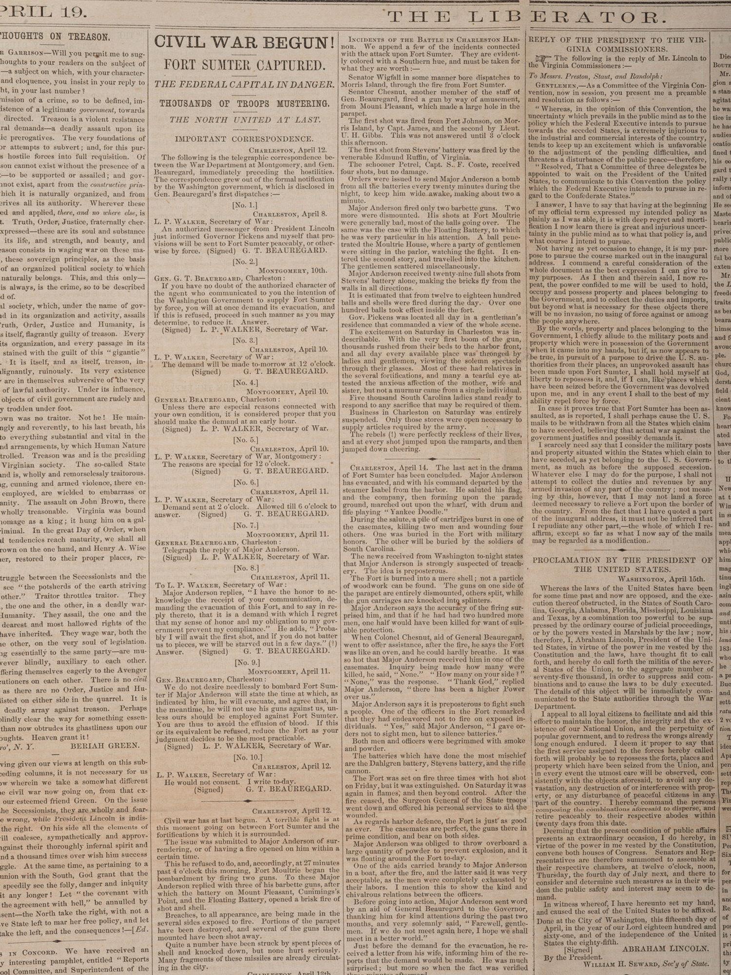 [CIVIL WAR]. 4 war-date newspapers, incl. capture of Fort Sumter and Lee's surrender at Appomattox.