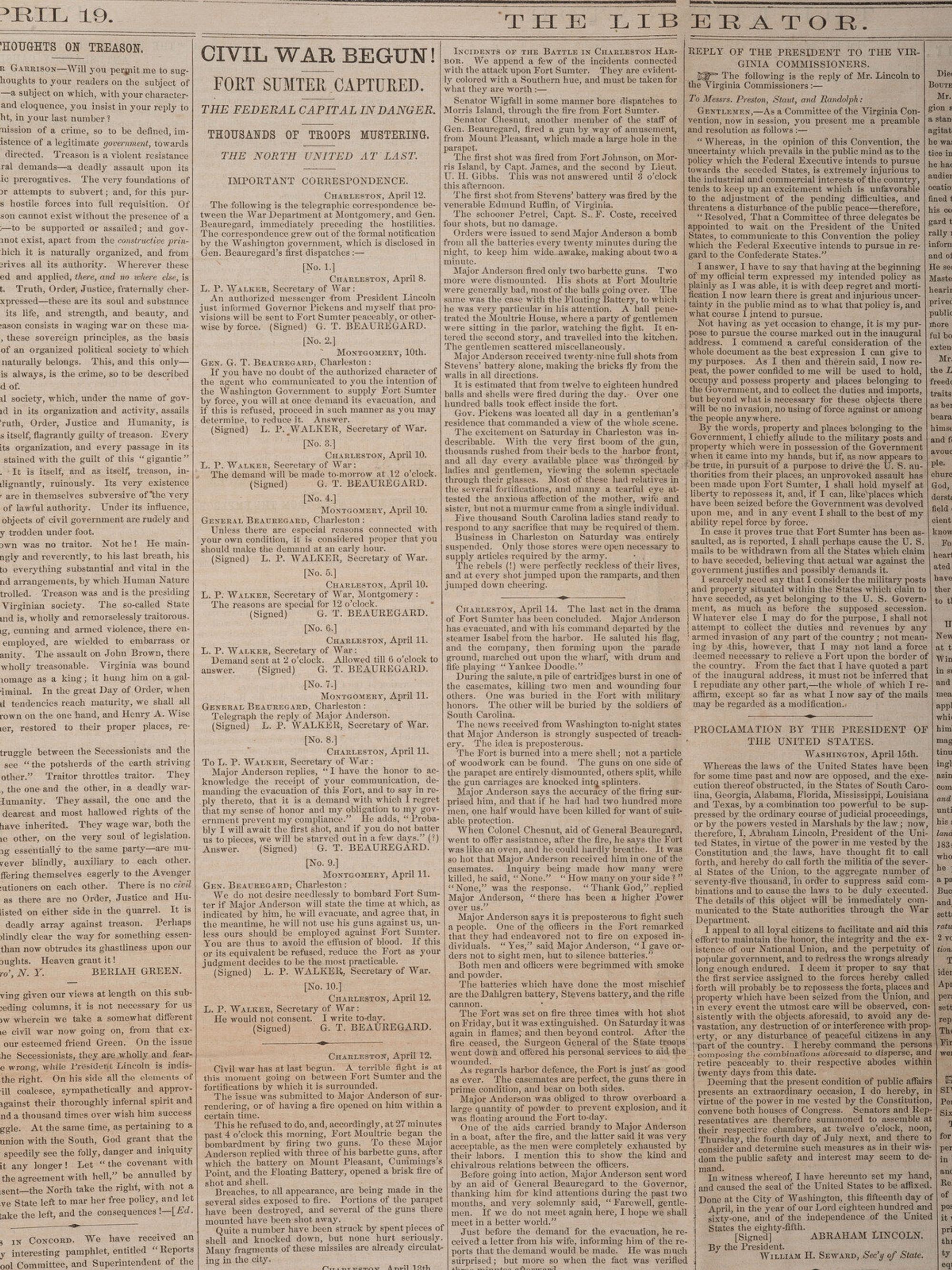 [CIVIL WAR]. 4 war-date newspapers, incl. capture of Fort Sumter and Lee's surrender at Appomattox.