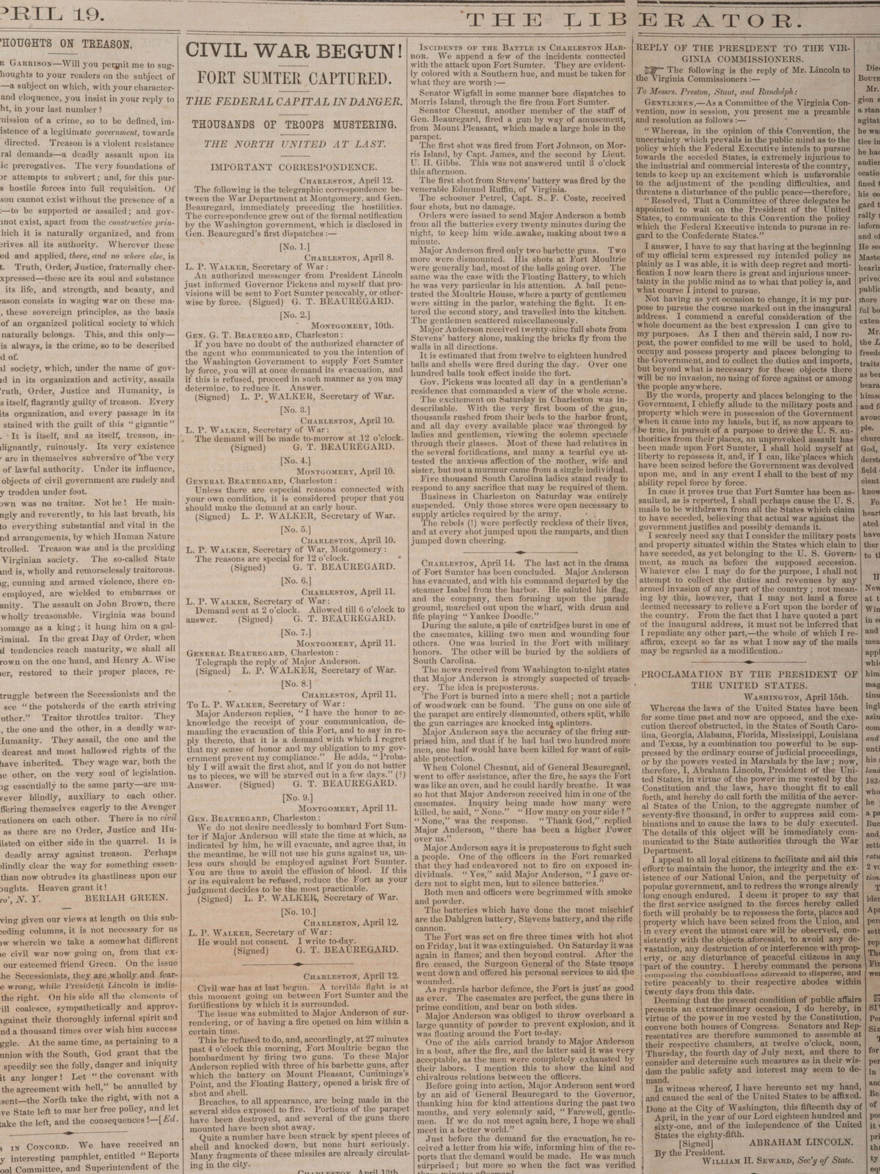 [CIVIL WAR]. 4 war-date newspapers, incl. capture of Fort Sumter and Lee's surrender at Appomattox.