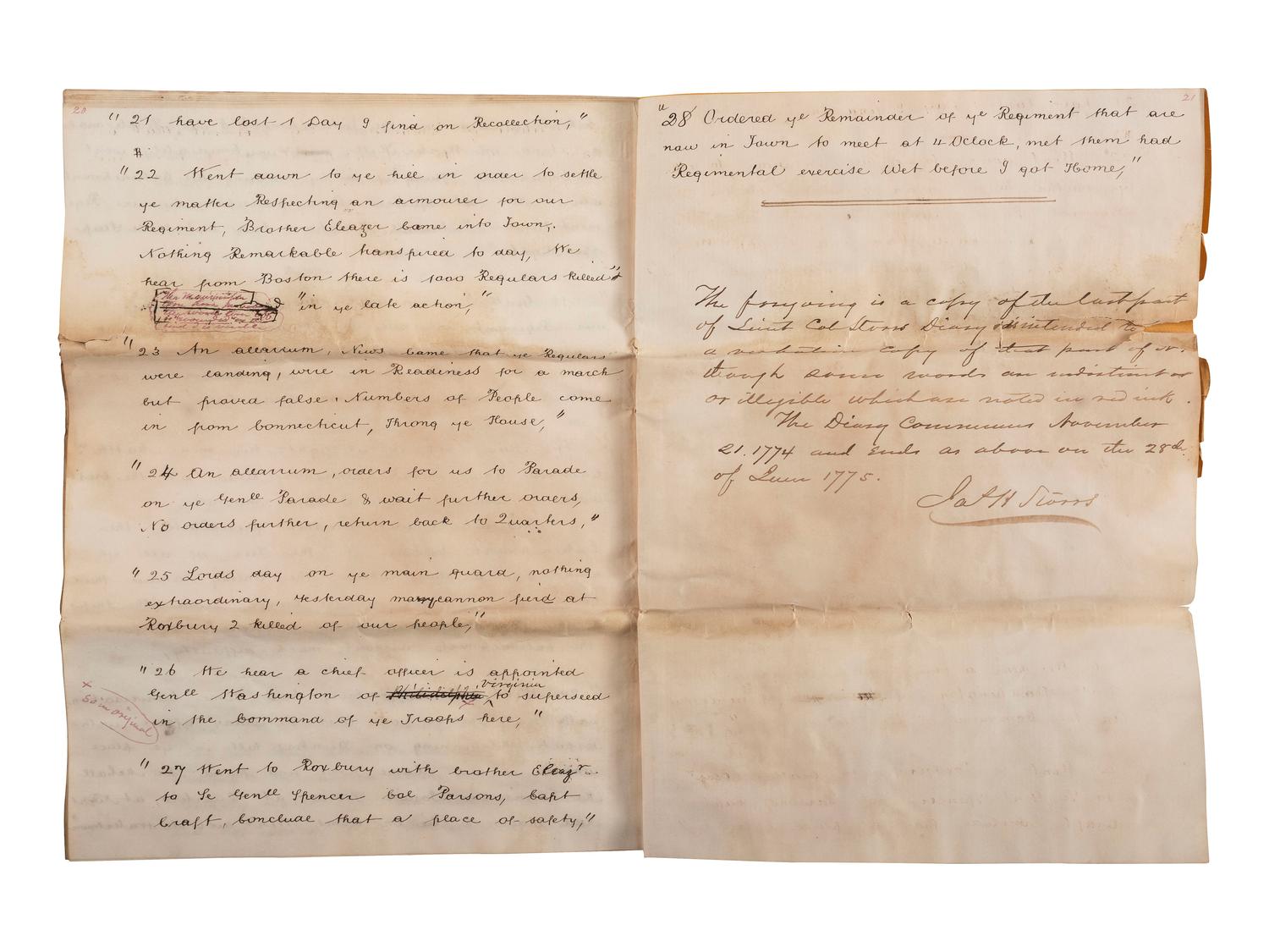 [REVOLUTIONARY WAR] -- [STORRS, Experience (1734-1801)]. Manuscript extracts from the diary of Revolutionary War Lieutenant Colonel Experience Storrs, as identified by James H. Storrs of New York. Ca 19th century.