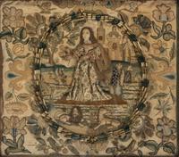 A William and Mary Stumpwork Embroidered Picture of a Lady with Exotic Animals