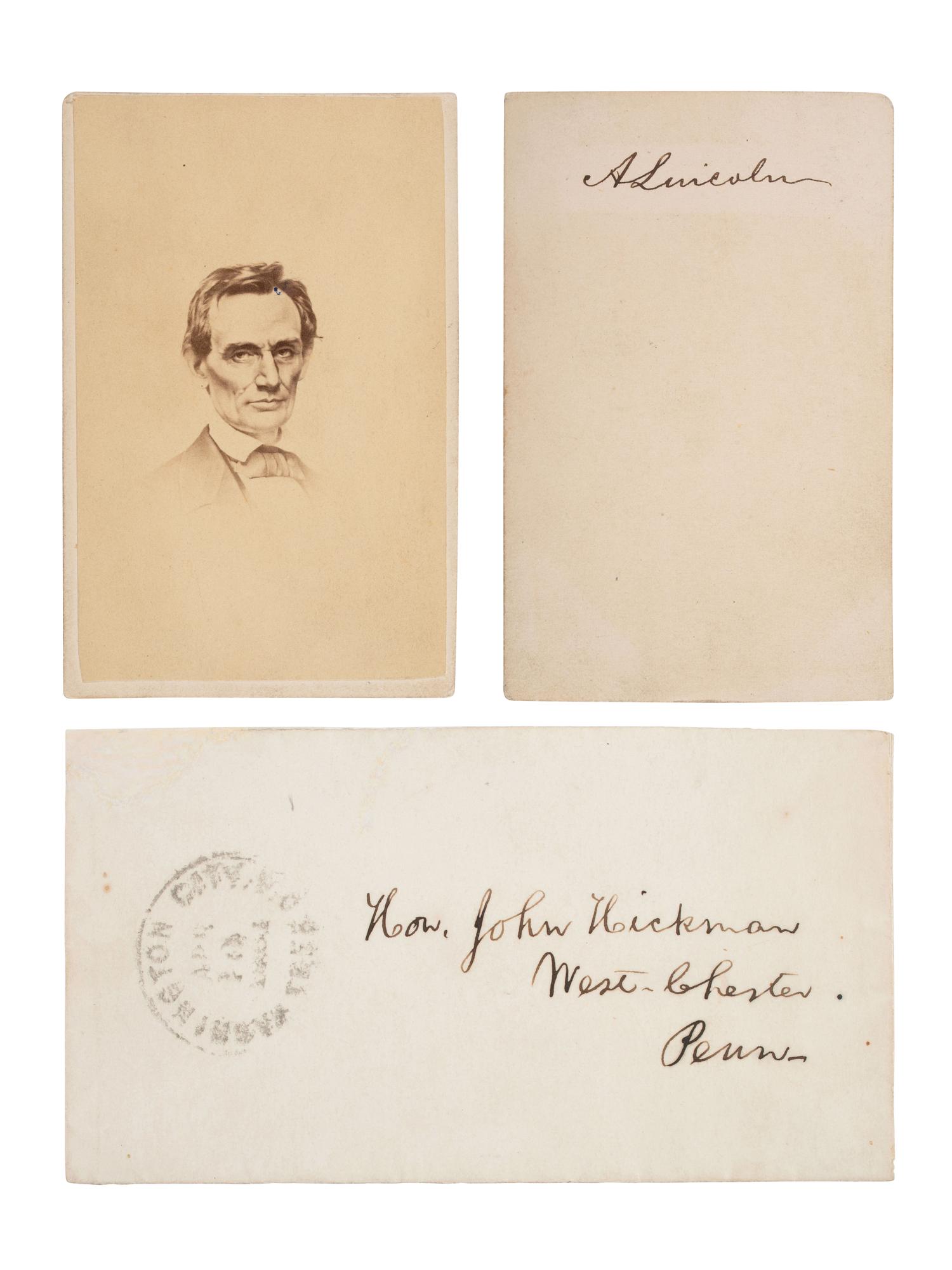 LINCOLN, Abraham (1809-1865). CDV of beardless Lincoln signed on verso "A Lincoln" with original cover addressed in Lincoln's hand, dated 10 April 1861.