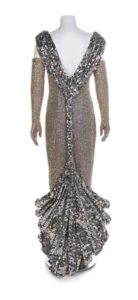 Gray Sheath Dress with Sequin Hem and Long Gloves, 1980-1990