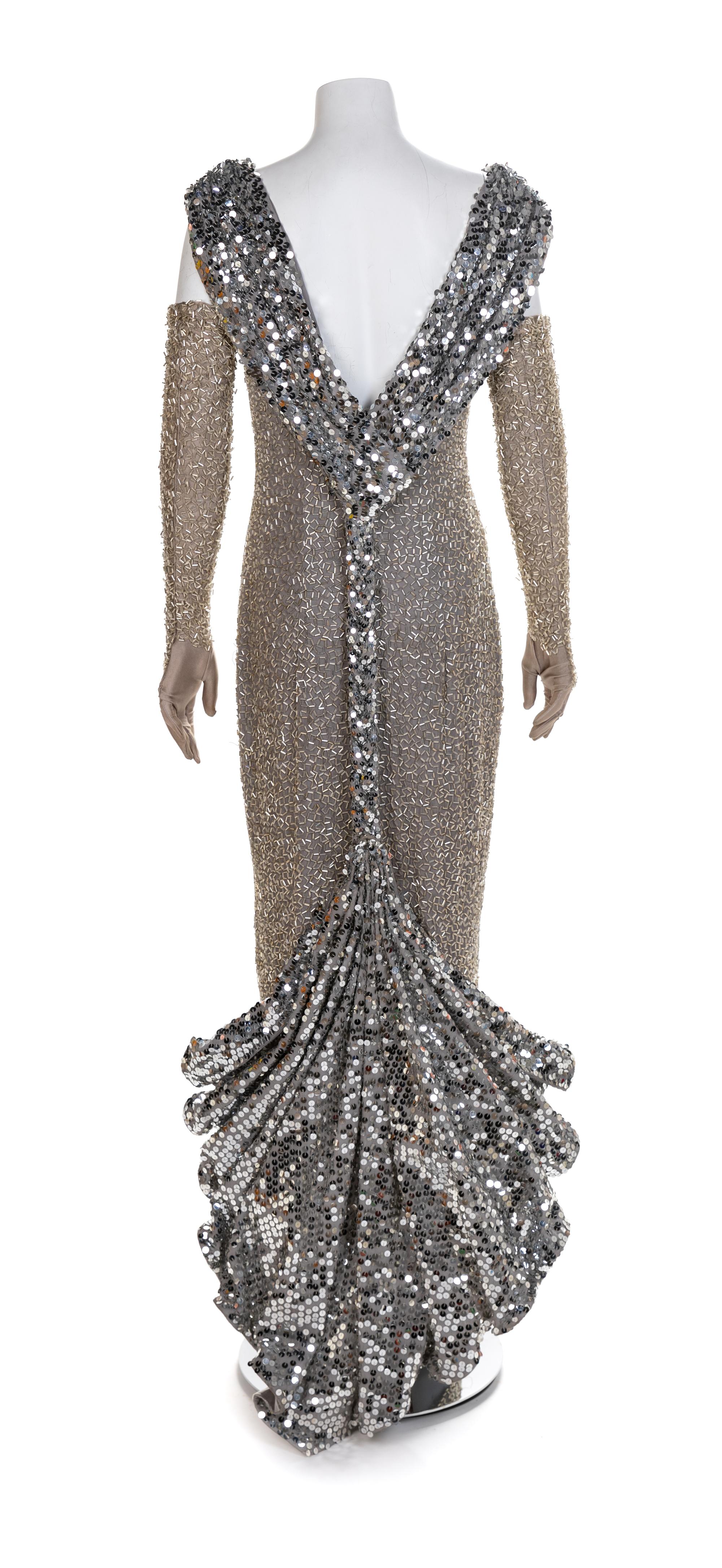 Gray Sheath Dress with Sequin Hem and Long Gloves, 1980-1990