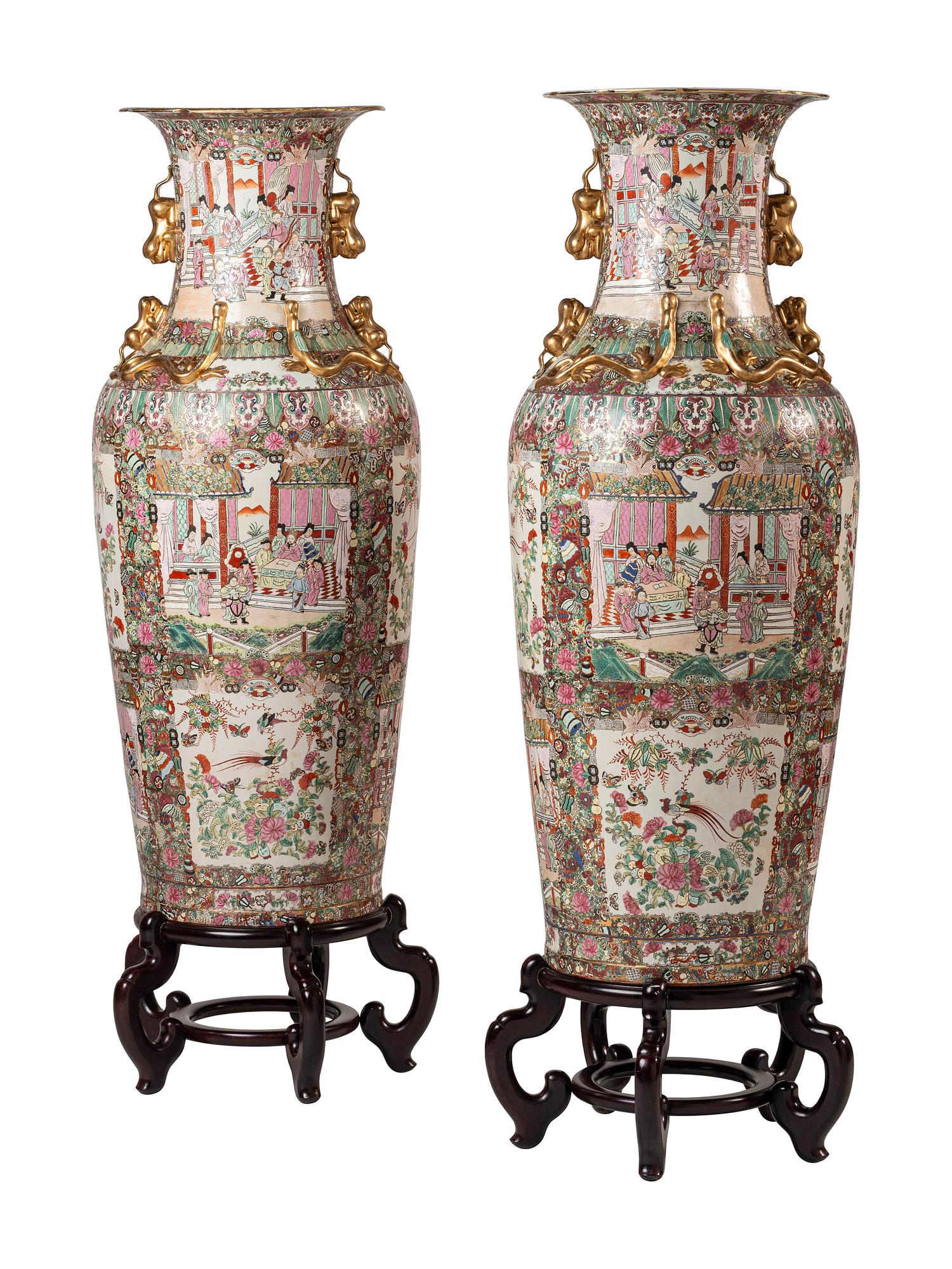 A Pair of Famille Rose Porcelain Floor Vases