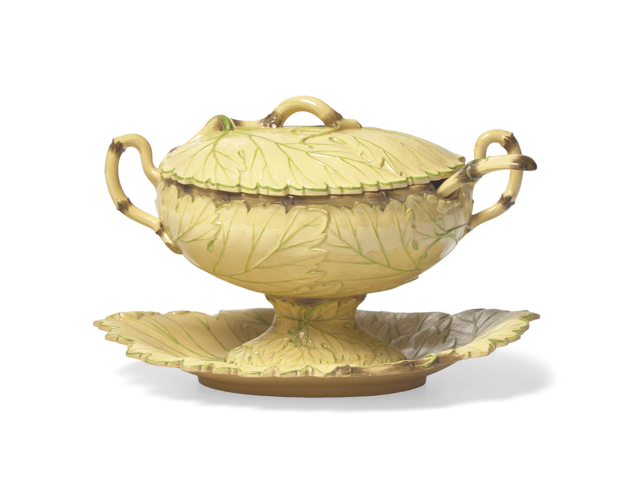 A Wedgwood Glazed Caneware Leaf Decorated Sauce Boat