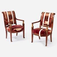 A Pair of Continental Neoclassical Giltwood and Gilt Bronze Mounted Mahogany Fauteuils