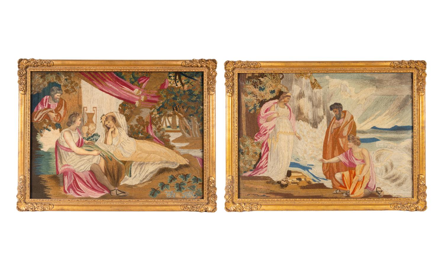 A Pair of Continental Needlework and Silk Pictures