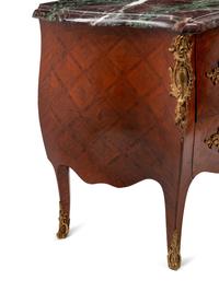 A Pair of Louis XV Style Gilt Bronze Mounted Parquetry Marble-Top Commodes