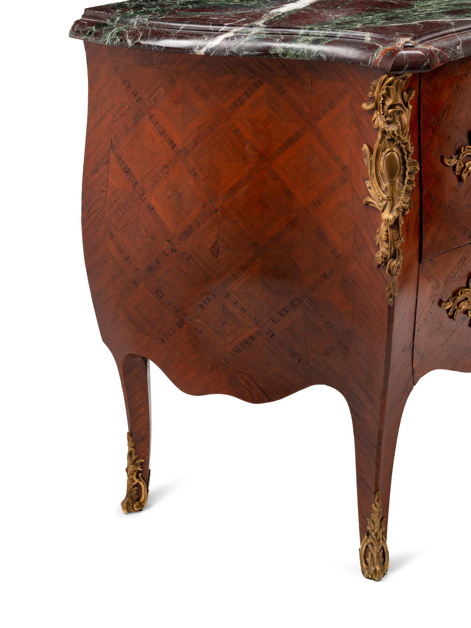 A Pair of Louis XV Style Gilt Bronze Mounted Parquetry Marble-Top Commodes