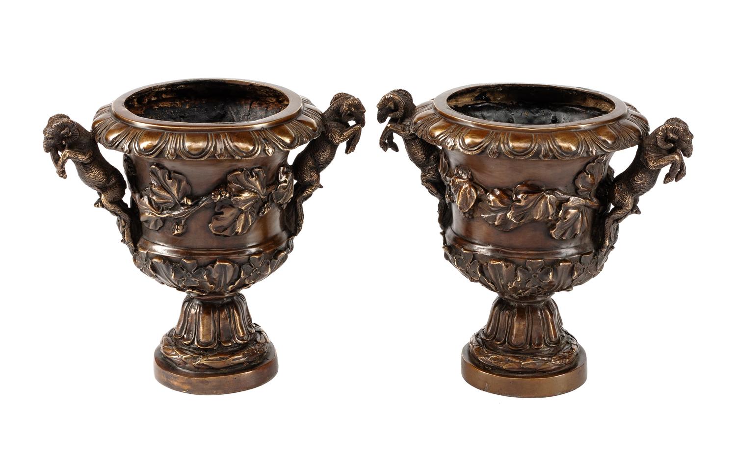 A Pair of Pompeian Style Patinated Bronze Urns