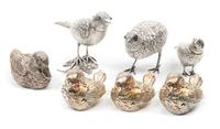 Seven Assorted Silver and Silver Plated Bird Figurines Largest height 3 x width 2 x depth 5 inches.