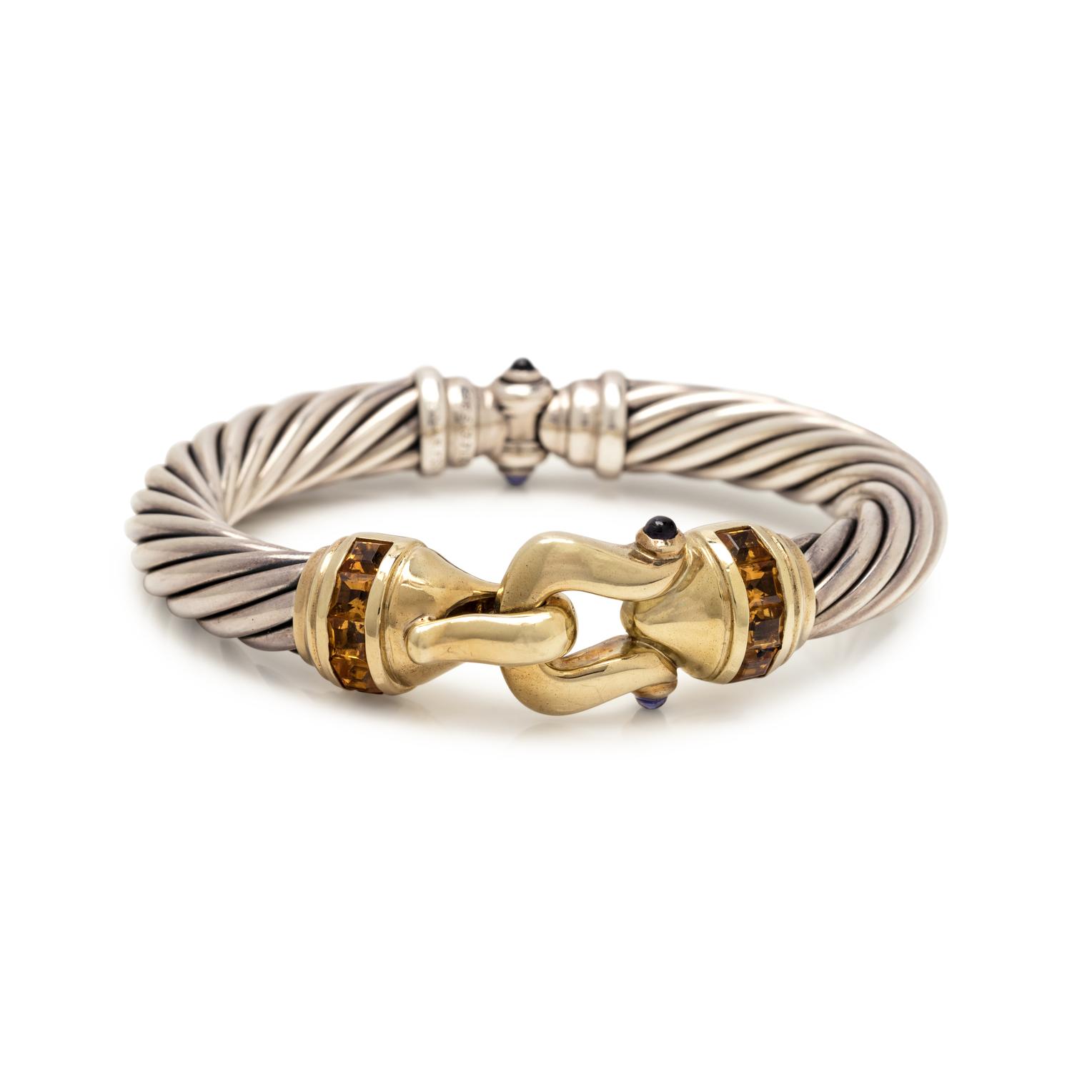 DAVID YURMAN, STERLING SILVER, YELLOW GOLD AND GEMSTONE 'BUCKLE' BRACELET
