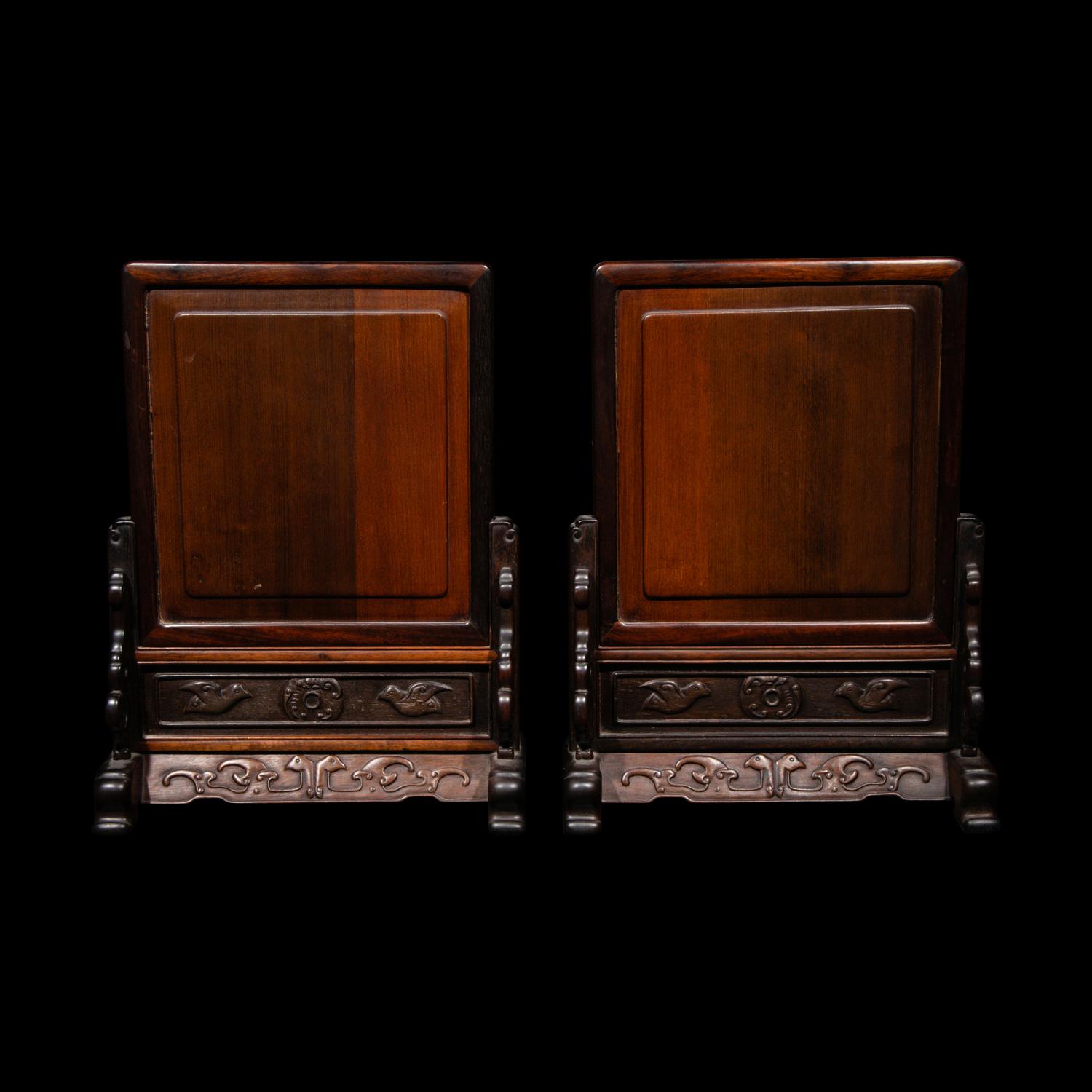 A Pair of Chinese Famille Rose Porcelain Plaque Inset Hardwood Table Screens, 20th Century 近代 硬木嵌粉彩瓷板花卉紋硯屏一對