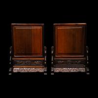 A Pair of Chinese Famille Rose Porcelain Plaque Inset Hardwood Table Screens, 20th Century 近代 硬木嵌粉彩瓷板花卉紋硯屏一對