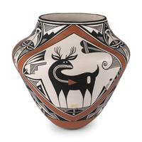 Wilfred Garcia (Acoma, 1954-2018) — Polycrome Pottery Olla, with Heartline Deer