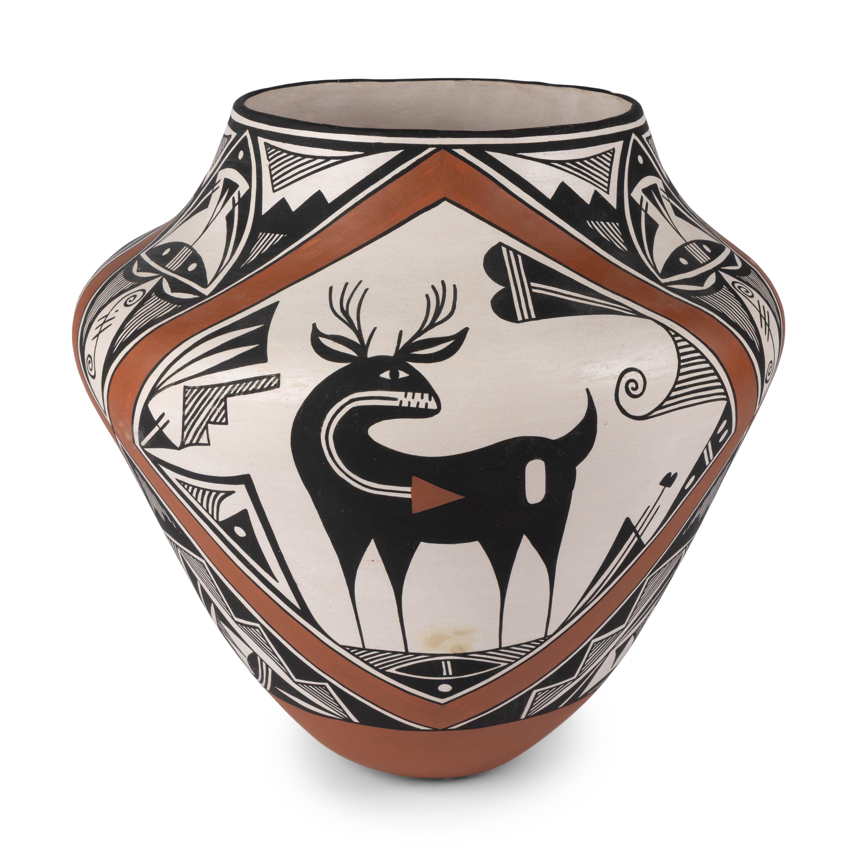 Wilfred Garcia (Acoma, 1954-2018) — Polycrome Pottery Olla, with Heartline Deer