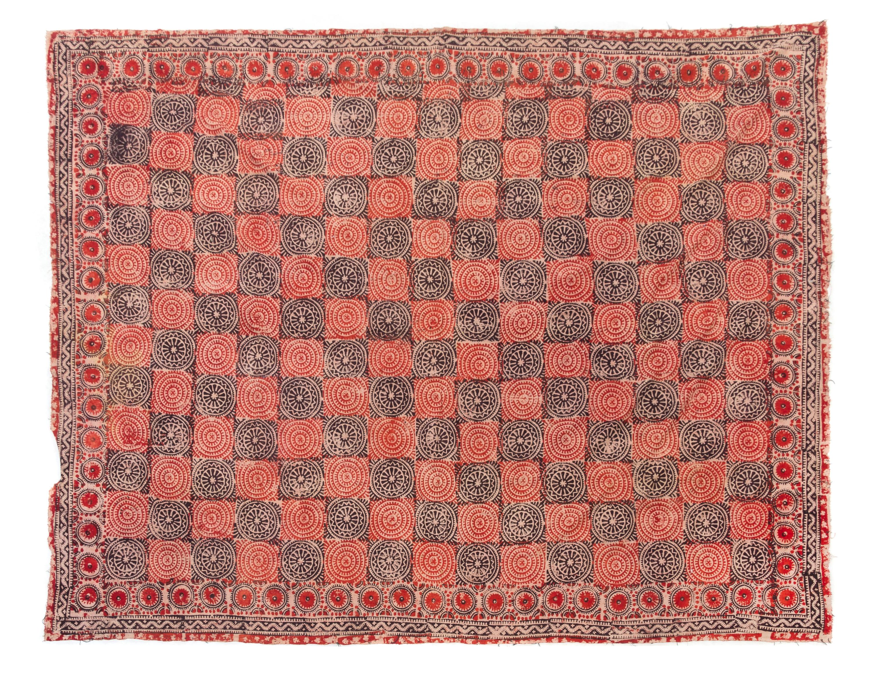 Two Block Printed Cotton Panels 8 feet 2 inches x 6 feet 5 inches, 7 feet 6 1/4 inches x 6 feet 4 inches. — EARLY 20TH CENTURY