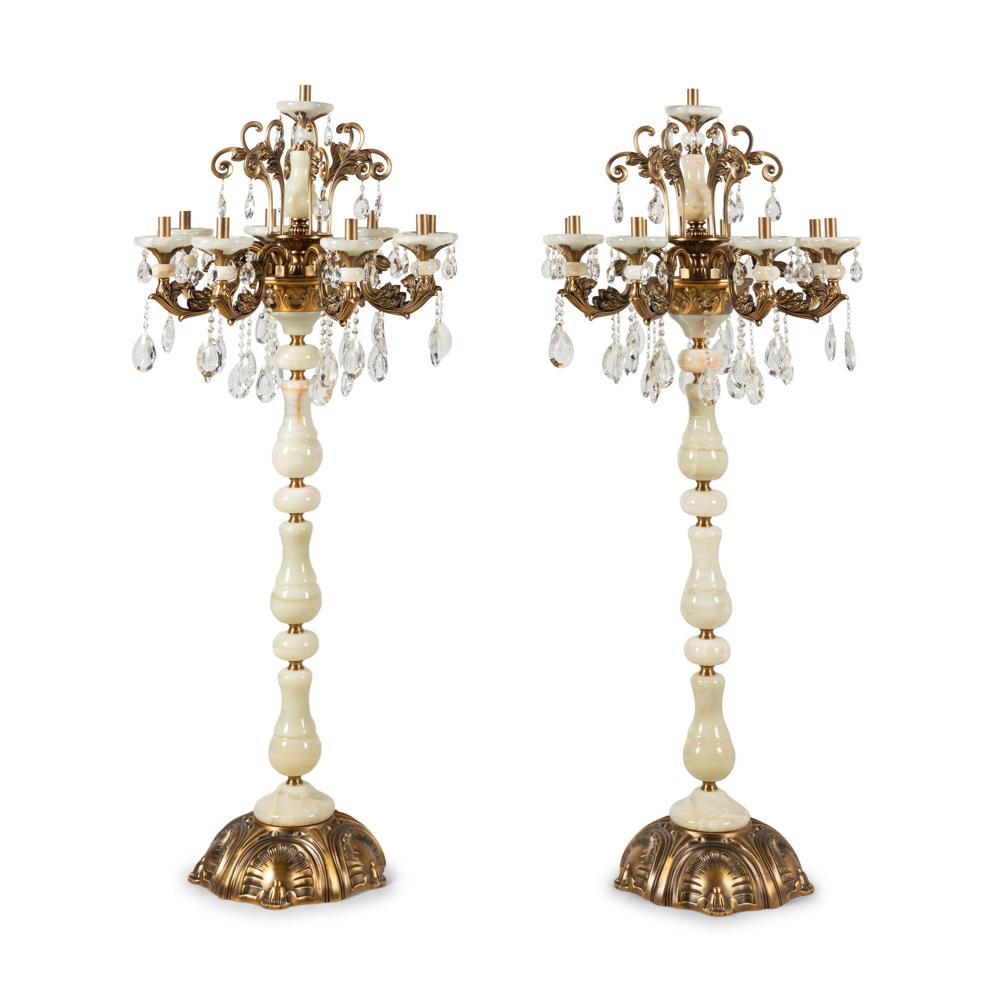 A Pair of Brass Mounted Onyx Nine-Light Torchères