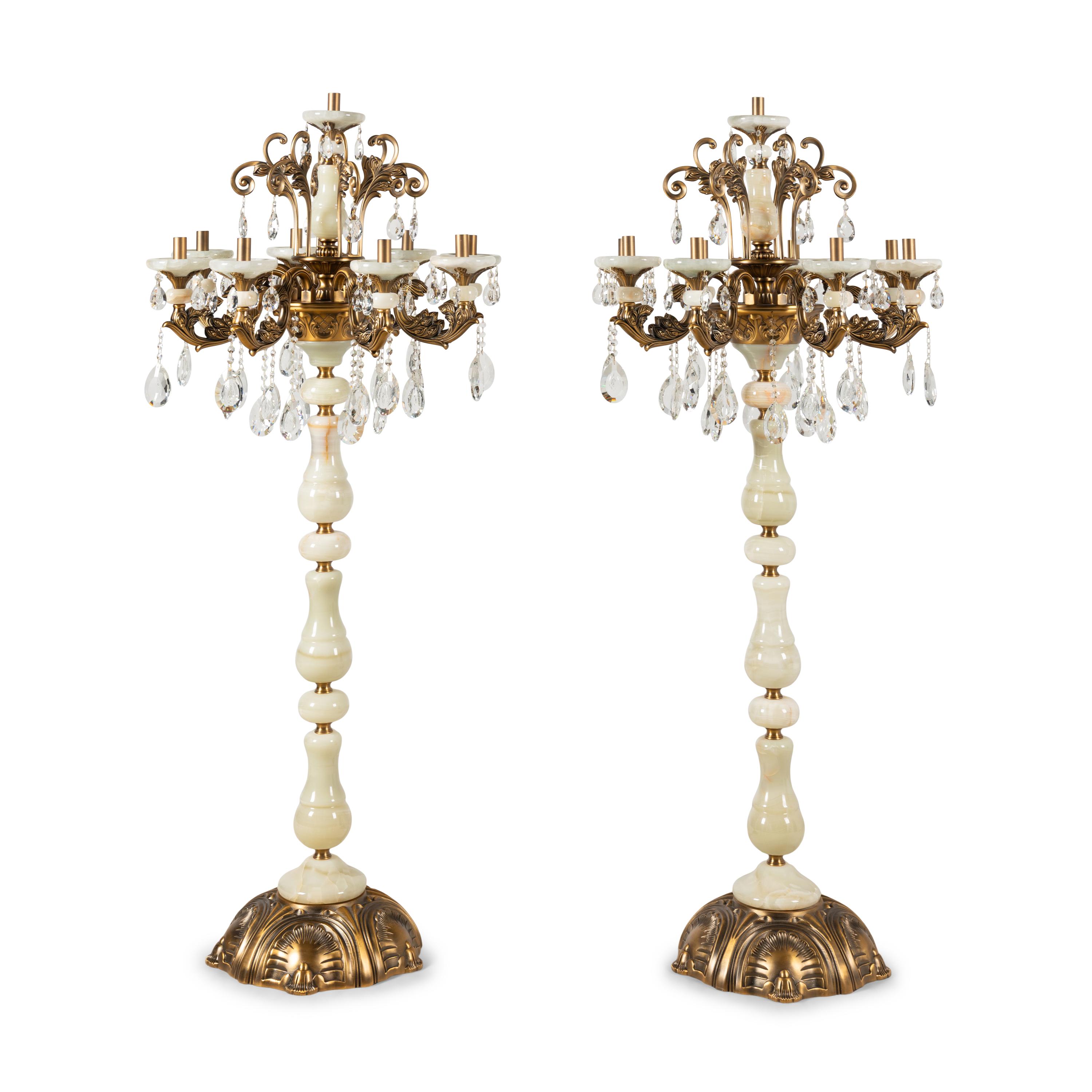 A Pair of Brass Mounted Onyx Nine-Light Torchères