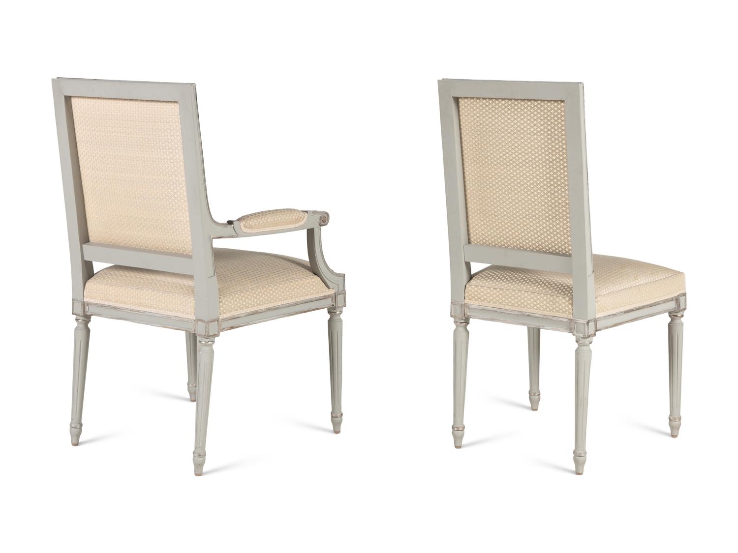 A Set of Ten Louis XVI Style Gray Painted Dining Chairs