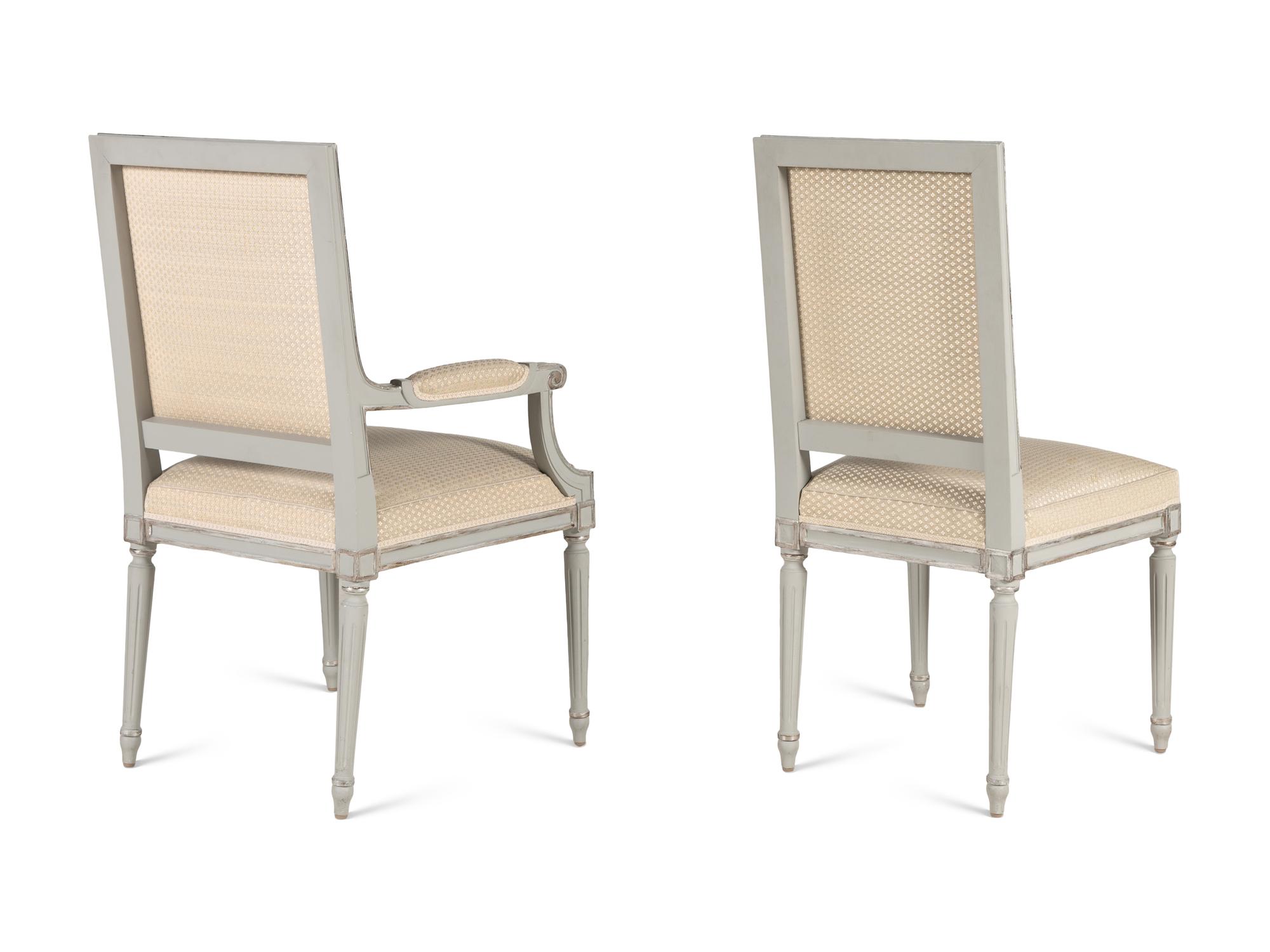 A Set of Ten Louis XVI Style Gray Painted Dining Chairs