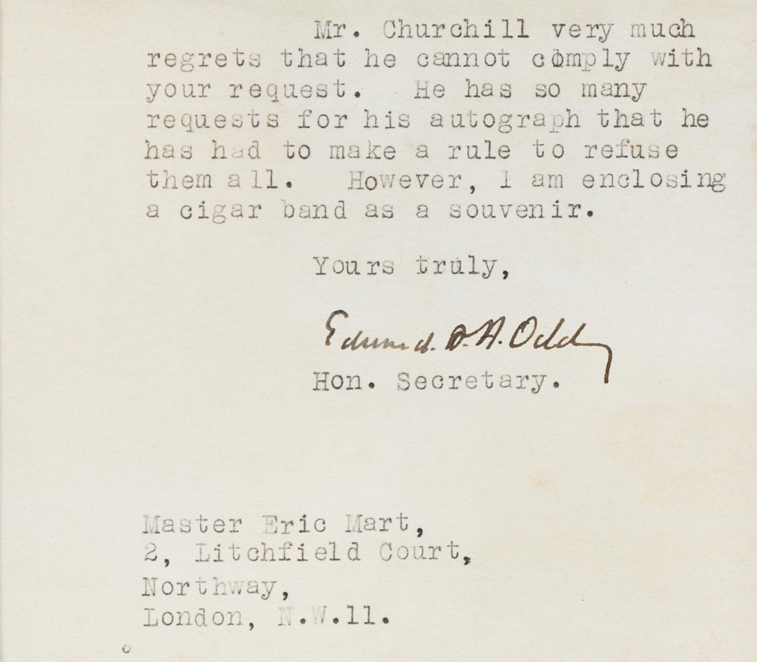 CHURCHILL, Winston, Sir (1874-1965). Autographed note signed ("Winston Churchill"), n.p., 1 March 1950.