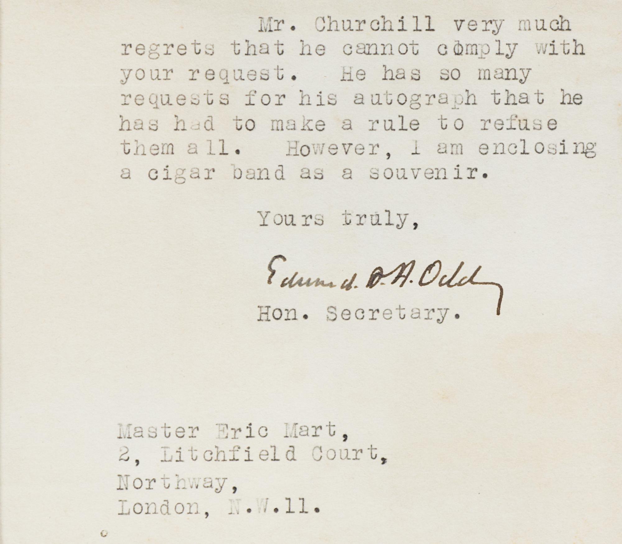 CHURCHILL, Winston, Sir (1874-1965). Autographed note signed ("Winston Churchill"), n.p., 1 March 1950.