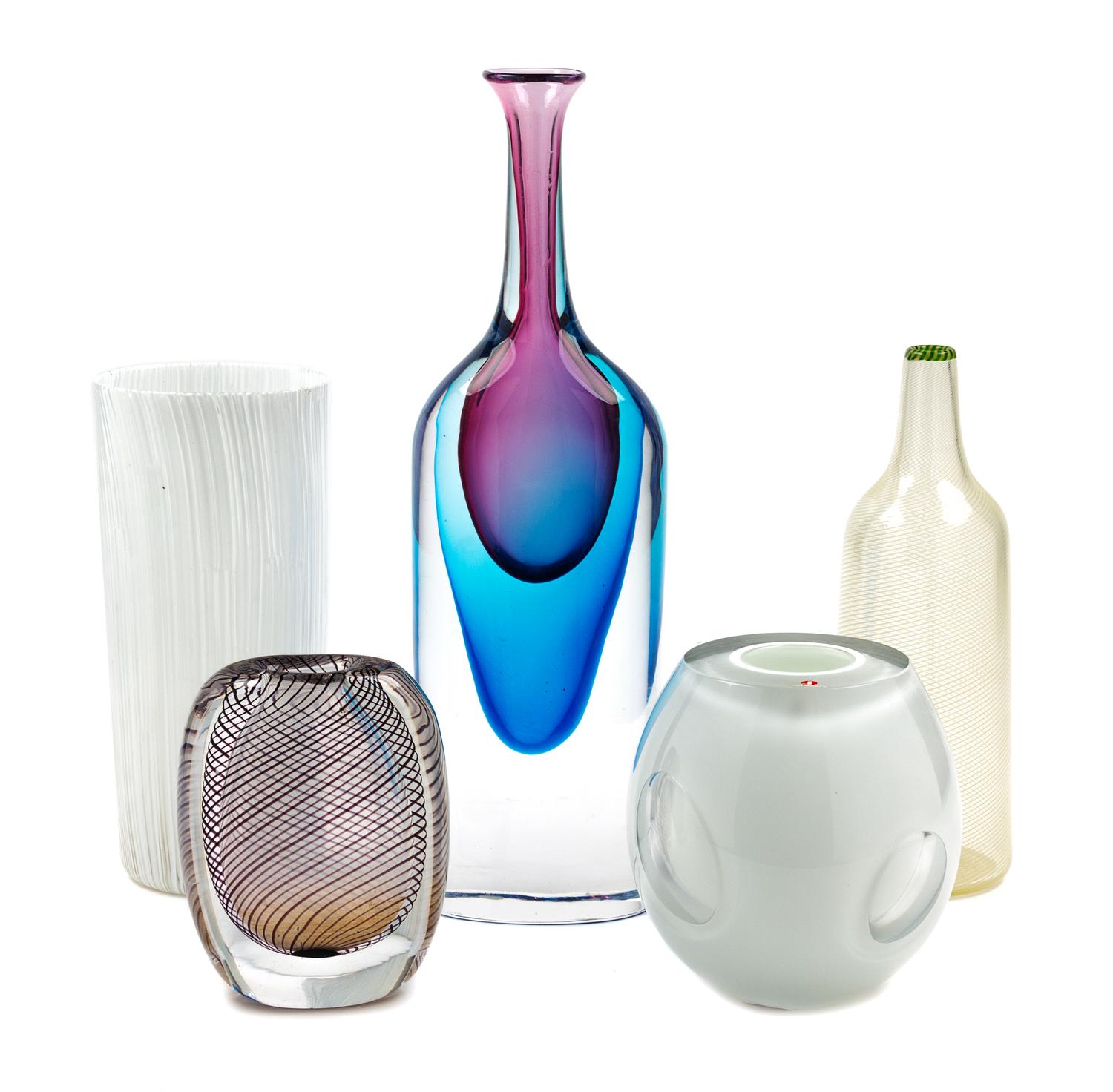 Five European Art Glass Vases, (Italian, Swedish, Finnish, c. Mid-20th Century), comprising of a Vicke Lindstrand for Kosta thick-walle