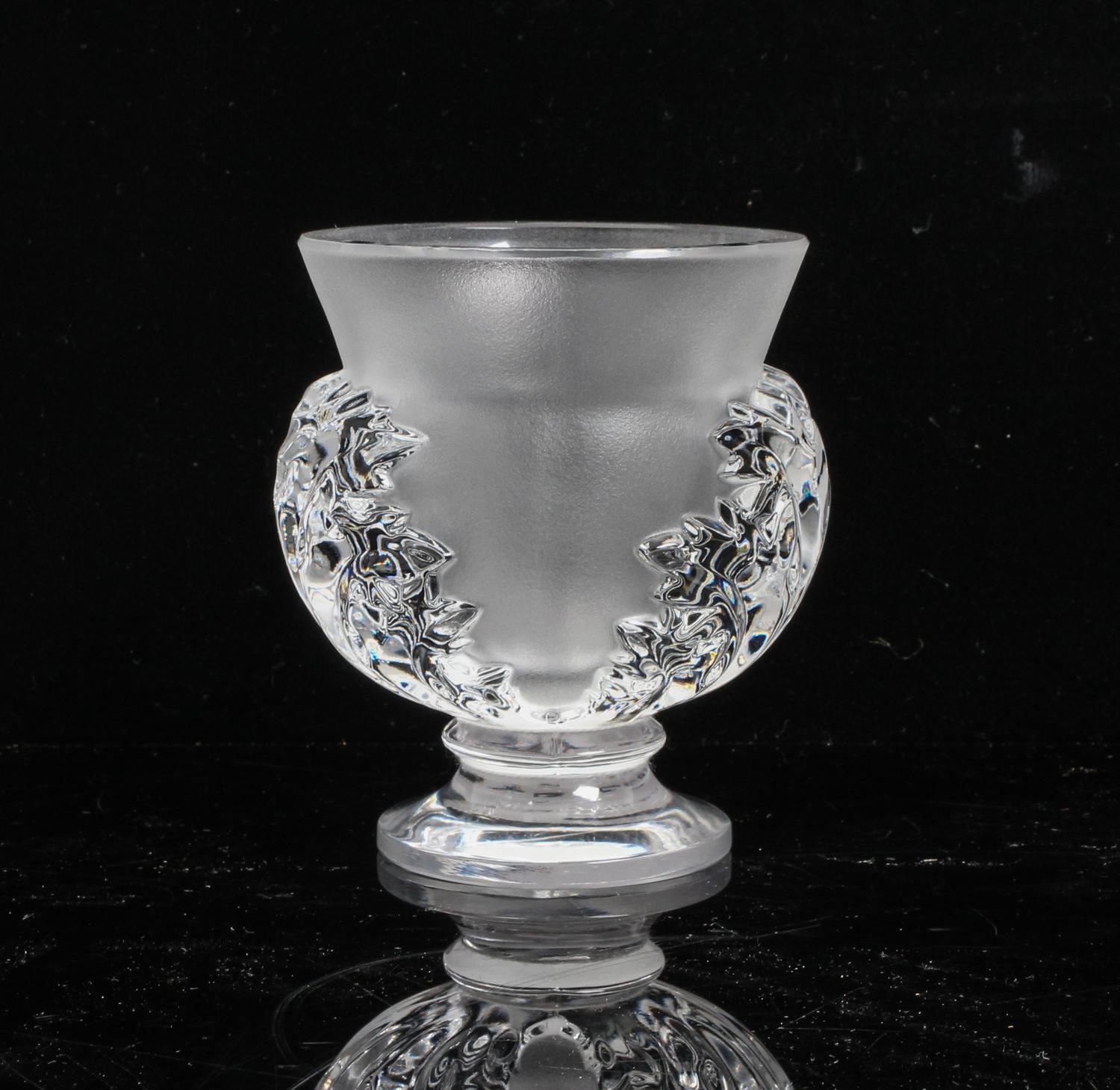 A Lalique Molded and Frosted Glass Vase Height 4 1/2 inches.