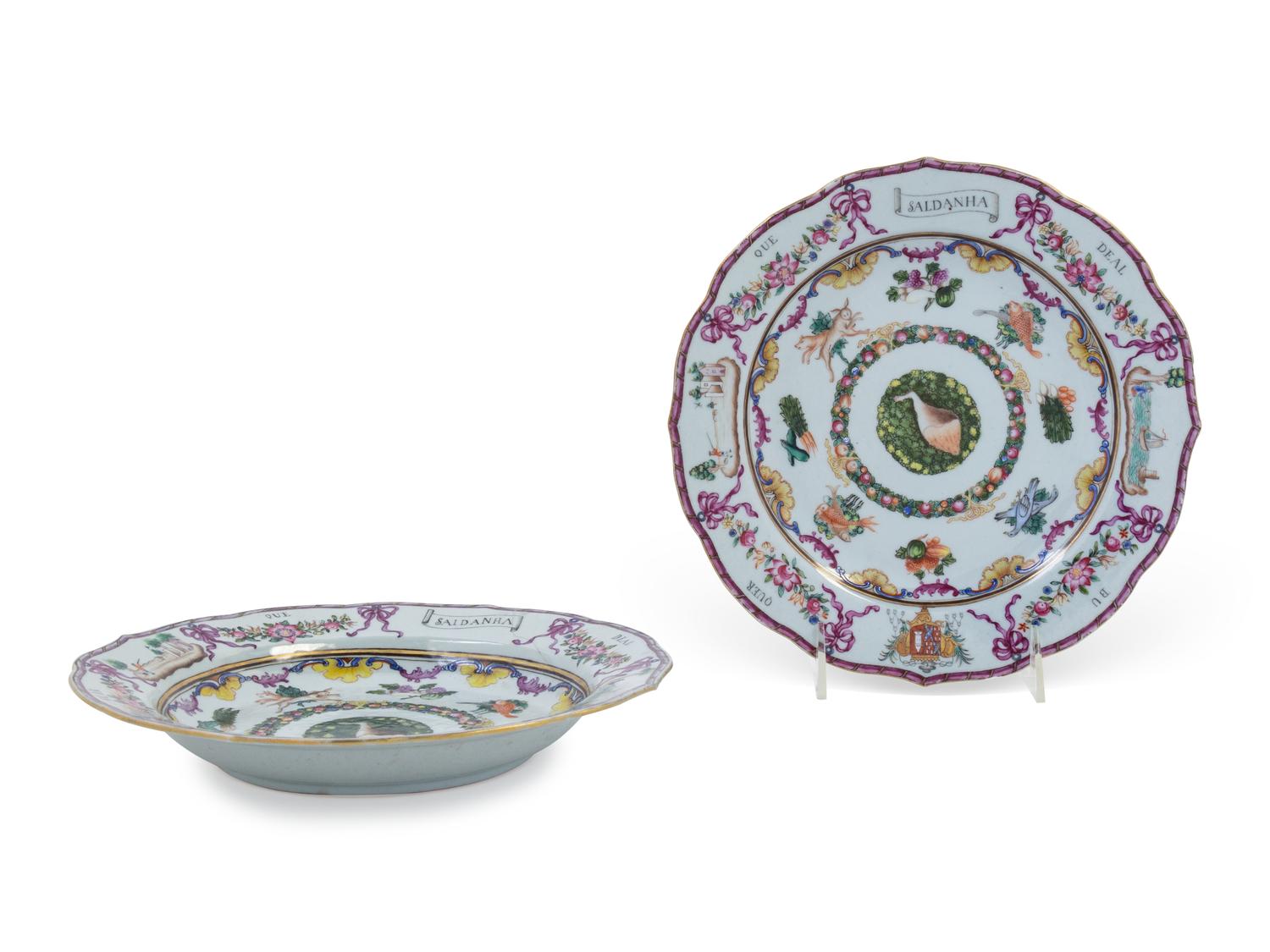 A Chinese Export Polychrome Decorated Porcelain Plate and Soup Dish