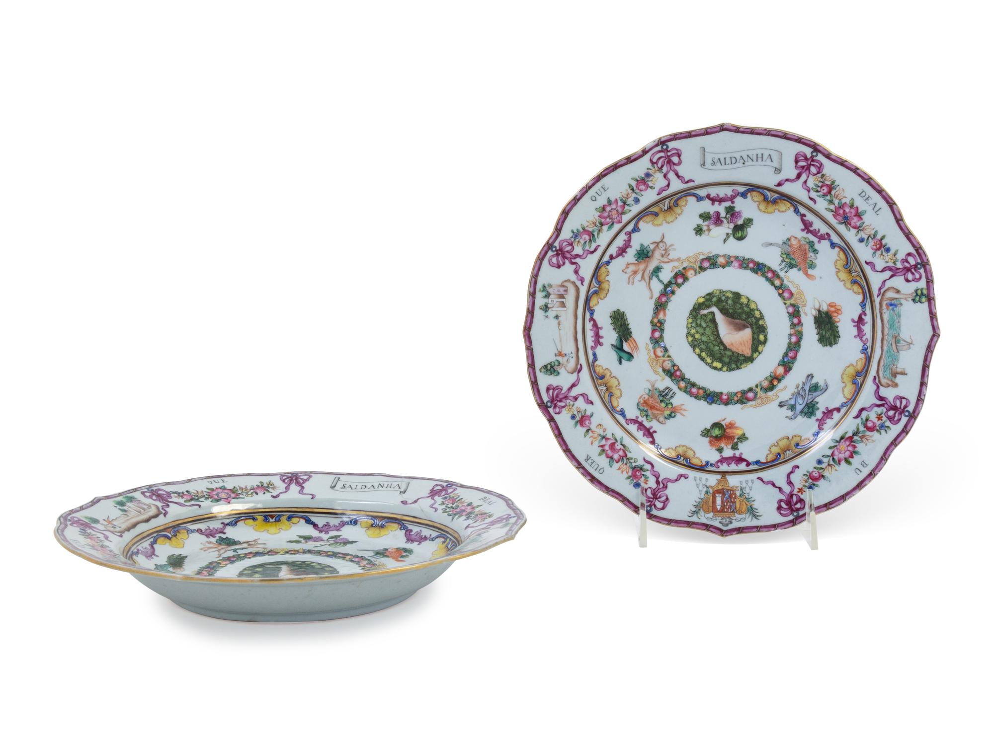 A Chinese Export Polychrome Decorated Porcelain Plate and Soup Dish