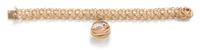 A 14 Karat Yellow Gold, Cultured Pearl, Sapphire, Ruby and Turquoise Charm Bracelet, 28.80 dwts.