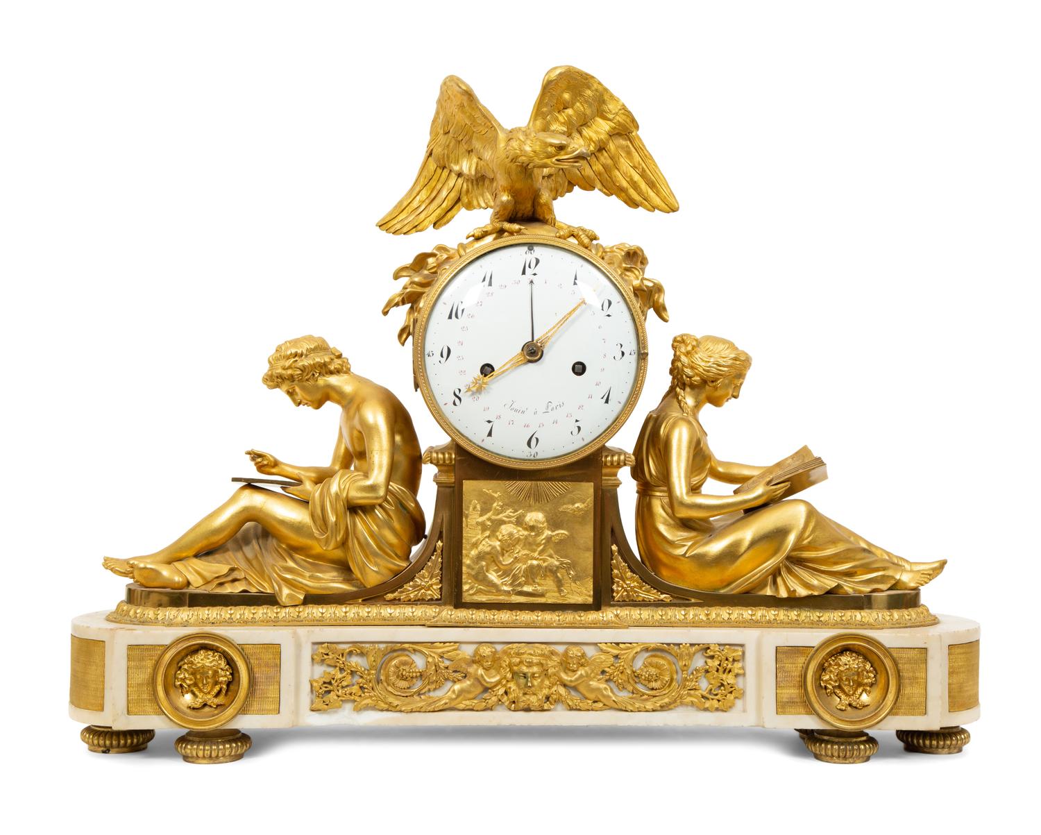 A Late Louis XVI Gilt Bronze and Marble Mantel Clock
