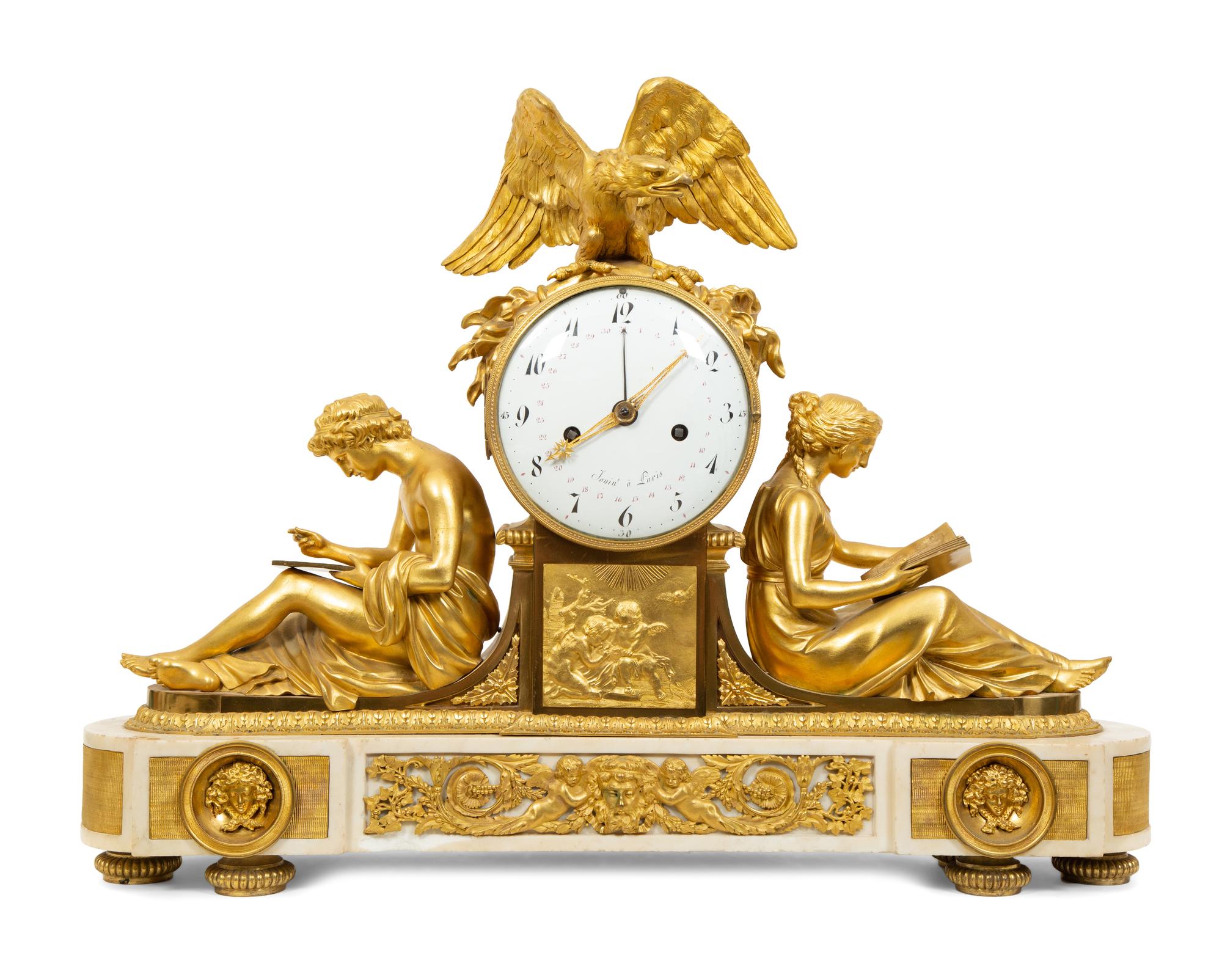 A Late Louis XVI Gilt Bronze and Marble Mantel Clock