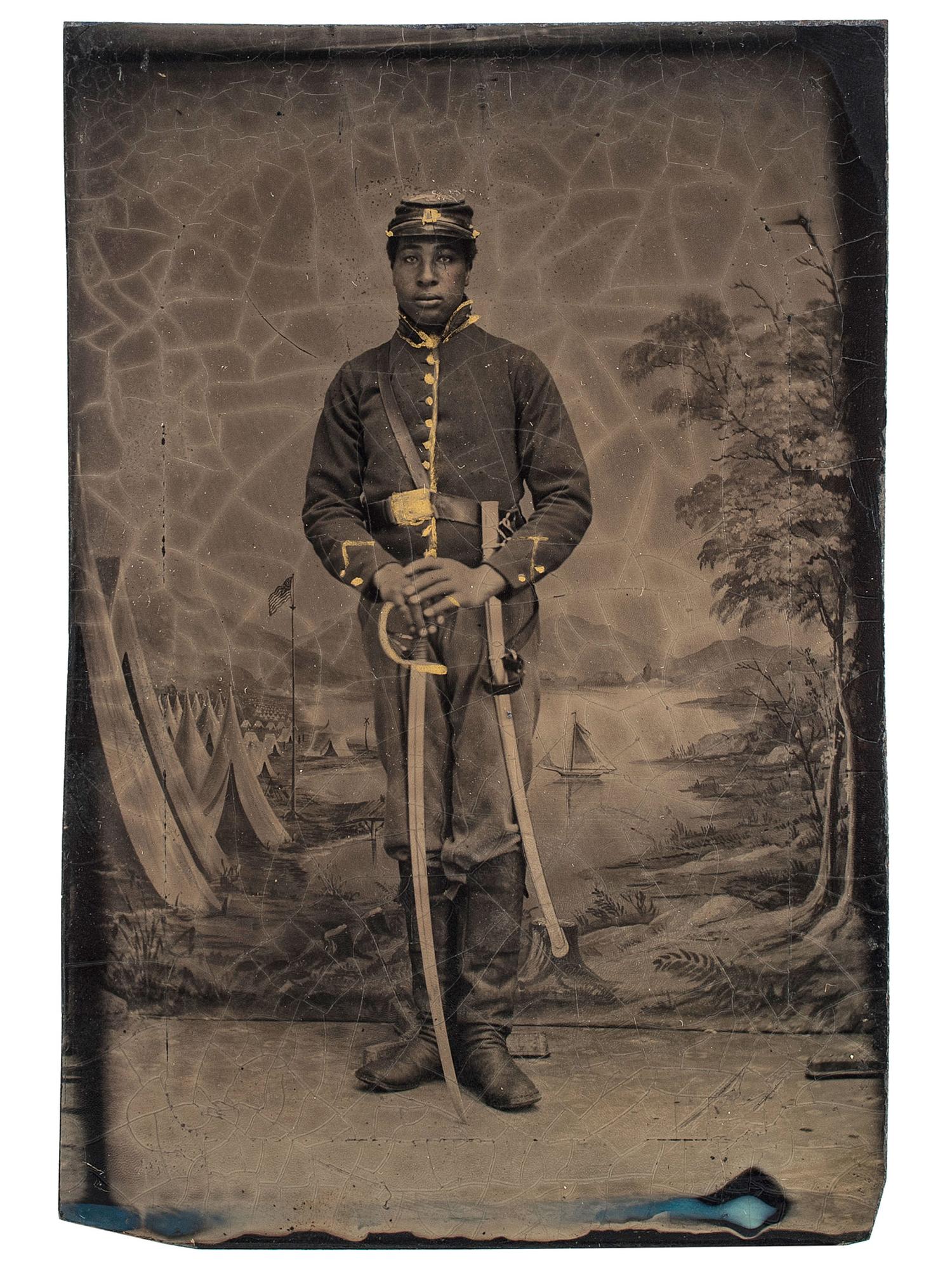 [CIVIL WAR]. Tintype of armed African American cavalryman.