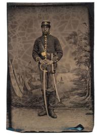 [CIVIL WAR]. Tintype of armed African American cavalryman.