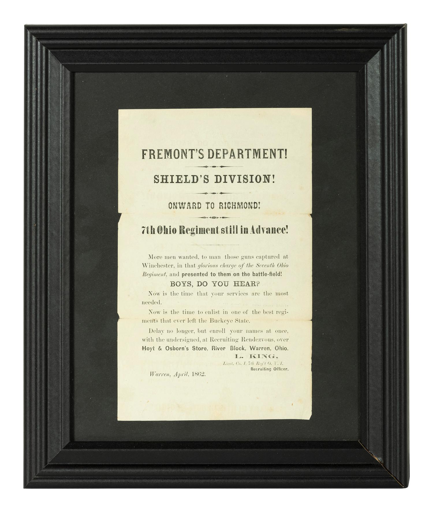 [CIVIL WAR]. Fremont's Department! Shield's Division! Onward to Richmond! 7th Ohio Regiment still in Advance! Warren [OH]: April 1862.