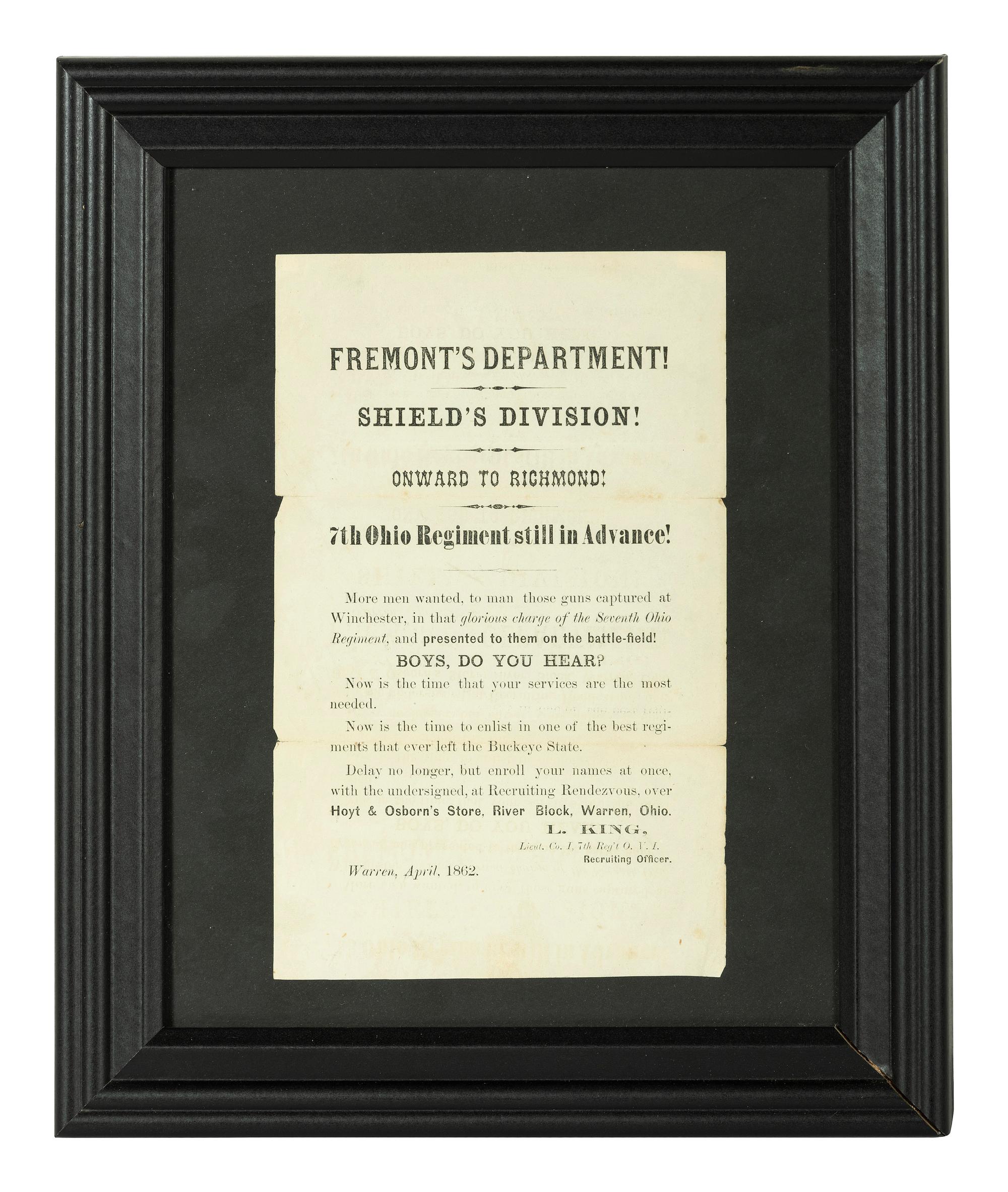 [CIVIL WAR]. Fremont's Department! Shield's Division! Onward to Richmond! 7th Ohio Regiment still in Advance! Warren [OH]: April 1862.