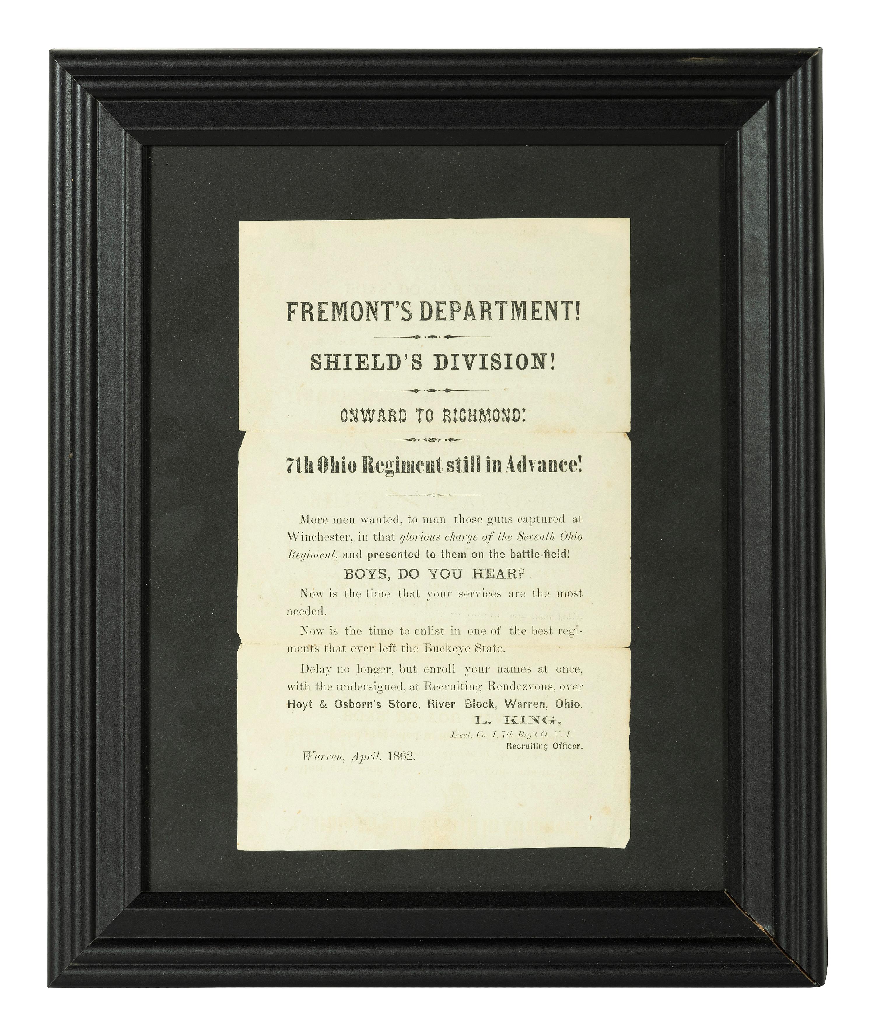 [CIVIL WAR]. Fremont's Department! Shield's Division! Onward to Richmond! 7th Ohio Regiment still in Advance! Warren [OH]: April 1862.