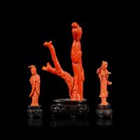 Three Chinese Red Coral Figures, 20th Century 近代 珊瑚雕美人擺件三件