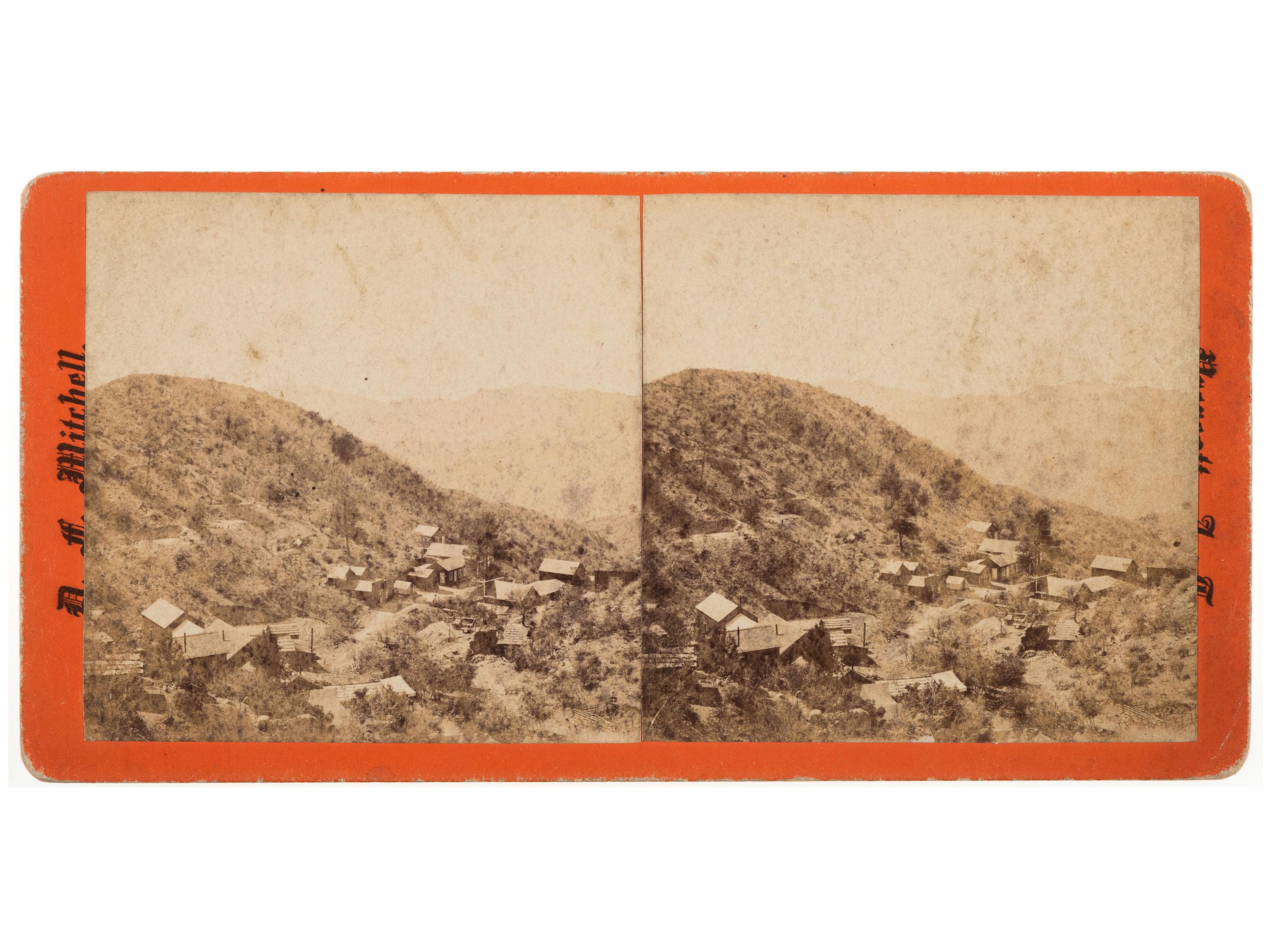 [MINING - ARIZONA]. MITCHELL, D.F., photographer. A group of 3 stereoviews, incl. images of Peck Mill & Ledge and Tiger Camp in the Bradshaw mountains. Prescott, Arizona Territory: ca 1880s.