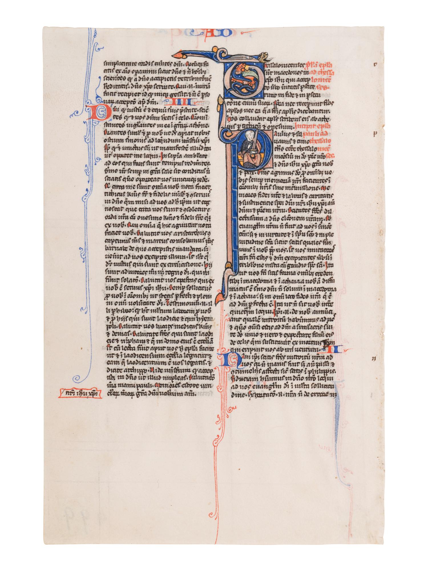 JOHANNES GRUSCH ATELIER (active Paris, c. 1235-1260s) A leaf from a Bible, with a historiated initial ‘P’ of St. Paul, in Latin, illuminated manuscript on parchment [Paris, c. 1250]